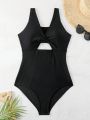 SHEIN Swim SPRTY Solid Color One-piece Swimsuit With Knot & Hollow Out Detail