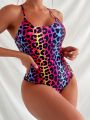 SHEIN Swim Summer Beach Leopard Print Crisscross Backless One Piece Swimsuit