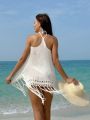 SHEIN Swim Vcay Women's Solid Color Crochet Fringe Cover Up