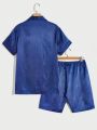 Men Striped Jacquard Satin Shirt & Shorts Lounge Set