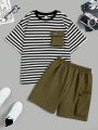 SHEIN Kids EVRYDAY Boys' Loose Casual Round Neck Striped Short-sleeved T-shirt And Shorts Two-piece Set