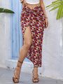 SHEIN VCAY Women's Floral Printed Vacation Maxi Skirt With Twisted Front Knot And High Slit