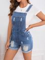 SHEIN Privé Ripped Roll Up Hem Denim Overall Romper Without Tee