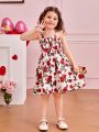 SHEIN Kids CHARMNG Young Girls' Flower Patterned Cami Dress With Bowknot Decoration