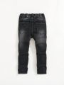 SHEIN Toddler Boys' Slim Fit Straight Leg Jeans With Stretch And Irregular Holes