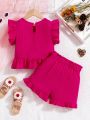 SHEIN Kids FANZEY Toddler Girls' Pink Ruffled Hem Top And Shorts 2pcs/Set