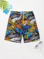 Teenage Boys' Beach Graffiti Style Letter Print Swim Shorts