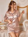 Mimic Silk Heart Embroidered Pocket Short-Sleeved Top And Shorts Pajama Set