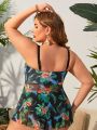 SHEIN Swim Vcay Women's Plus Size Tropical Print Sleeveless Bikini Set