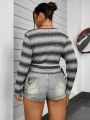 Fashionable Gradually Striped Plus Size T-shirt With Waist Drawstring