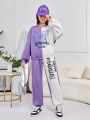 Teen Girl Letter & Butterfly Print Two Tone Drop Shoulder Sweatshirt & Sweatpants