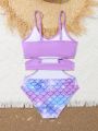 Girls' One-Piece Swimsuit With Mermaid Scales Print, Hollow Out Detail And Patchwork Design