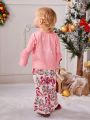 Baby Girl Christmas Print Flare Sleeve Tee & Flare Leg Pants