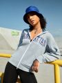 SHEIN Street Sport Text Printed Zipper Hooded Sports Sweatshirt