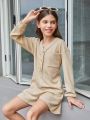 SHEIN Kids EVRYDAY Big Girls' Knitted Solid V-neck Half-buttoned Loose Jumpsuit