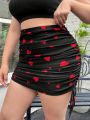 SHEIN Qutie Plus Size Women'S Heart Print Mesh Drawstring Skirt