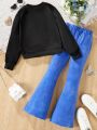 SHEIN Kids HYPEME Girls' Printed Sweatshirt & Denim Print Flared Pants For Spring And Summer