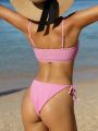 SHEIN Swim Mod Women'S Two Piece Swimsuit Set With Ribbed Fabric & Colorful Shoulder Straps For Summer Vacation On Beach