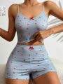 Heart Print Bow Front Cami Top & Shorts PJ Set