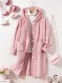 SHEIN Tween Girls' Knitted Solid Color Hooded Loose Fit Long Bathrobe With Double Patch Pockets For Home Wear