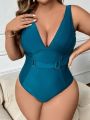 SHEIN Swim Chicsea Plus Size Deep V-Neck Backless One-Piece Swimsuit