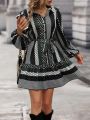 Polka Dot Print Lantern Sleeve Ruffle Hem Belted Shirt Dress