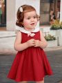 SHEIN Baby Girls' Casual Style Doll Collar Colorblock Waist Drawstring Pleated Dress