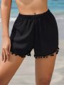 SHEIN Swim Basics Elastic Waist Pompom Decor Cover Up Shorts