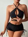 SHEIN SHEIN Swim SXY Swimsuit Set With Circular Decoration, Drawstring And Side Ties