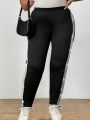 SHEIN CURVE+ Plus Size Silver Vertical Striped Black Leggings