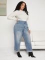 SHEIN CURVE+ Plus Pearls Beaded Detail Wide Leg Jeans