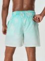 Men'S Palm Tree Print Shorts With Gradual Color And Diagonal Pockets For Beach