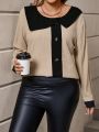 SHEIN LUNE Plus Size Color Block Button Decorated Top