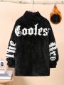 SHEIN Kids HYPEME Tween Boy Letter Embroidery Drop Shoulder Fleece Coat