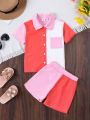SHEIN Kids Nujoom Young Girl's Casual Vacation Style Color Blocking Short Sleeve Shirt And Shorts Set For Summer