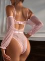 SHEIN Hollow Out Progressed Lantern Sleeve Heart Shaped Mesh Sexy Lingerie Set