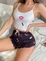 Lipstick & Lips Print Cami Top And Shorts Home Clothes