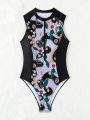 SHEIN Swim SPRTY Women's Chain Botanical Print One Piece Swimsuit