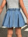 SHEIN Girls Regular Mid-waist Cute Style Denim Pleated Skirt