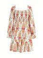 Mahdedesign Full Printed Shirred Panel Flare Sleeve A-Line Dress