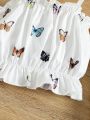 SHEIN Kids SUNSHNE Toddler Girls Butterfly Print Cold Shoulder Gathered Sleeve Ruffle Trim Blouse