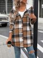 Plaid Print Drop Shoulder Drawstring Hooded Coat