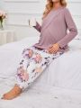 Maternity Contrast Color Round Neck Top And Flower Pattern Pants Pajama Set