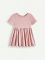 Cozy Cub Baby Girls' Solid Color Round Neck Short Sleeve A-Line Dress With Waistband, 2pcs/Set