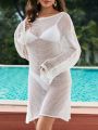 SHEIN Swim BohoFeel Women's Solid Color See-Through Hollow Out Batwing Sleeve Cover-Up Top
