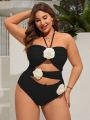 SHEIN Swim Chicsea Plus Size Women's Flower Decorated Halterneck One Piece Swimsuit