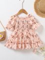 1pc Baby Girl Casual Off-Shoulder Floral Print Drawstring Short Sleeve Dress For Summer