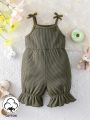 Infant Girls' Casual Solid Color Ruffle Hem Footed Romper, Suitable For Traveling