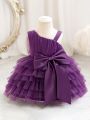 Infant Girls' Irregular Neckline Dress With Big Bow Decoration, Multi-Layered Mesh Skirt For Special Occasion