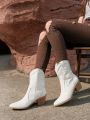 Styleloop FashionVintage Stitch Detail White Chunky Heel BootsWestern Boots